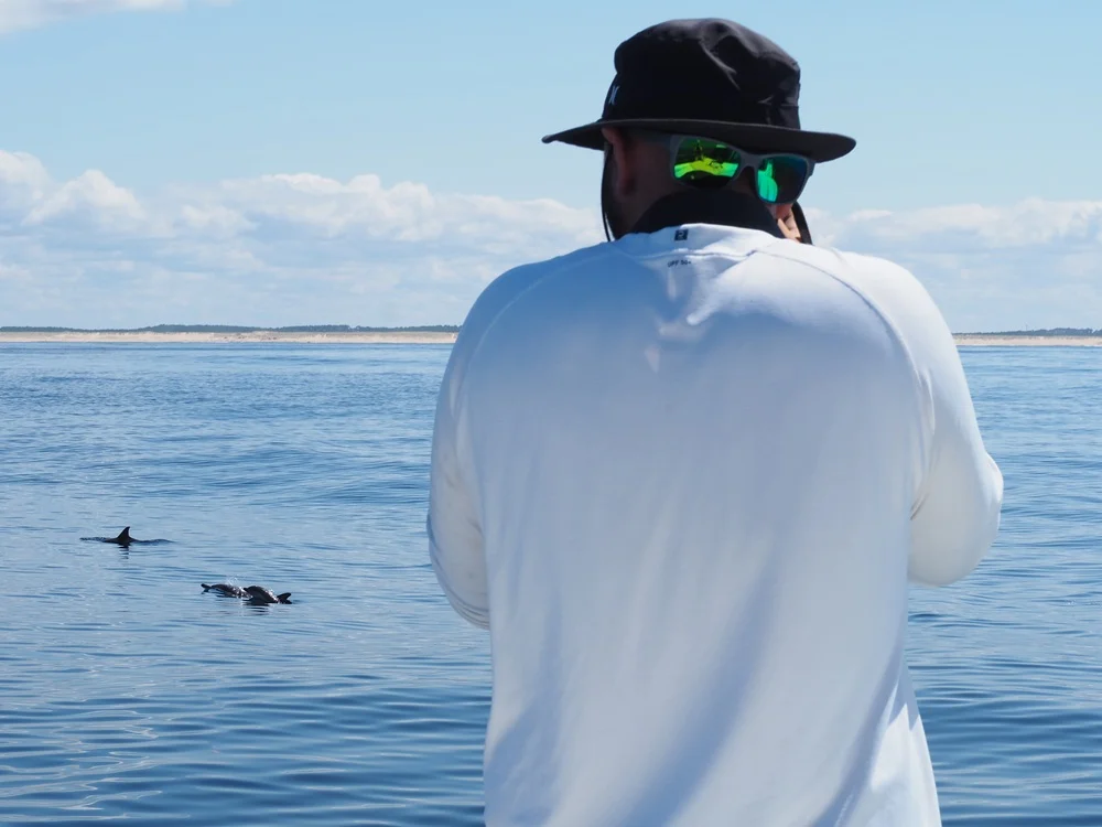 Guide naturaliste commentant une observation de dauphins lors d'une sortie en mer à Arcachon
