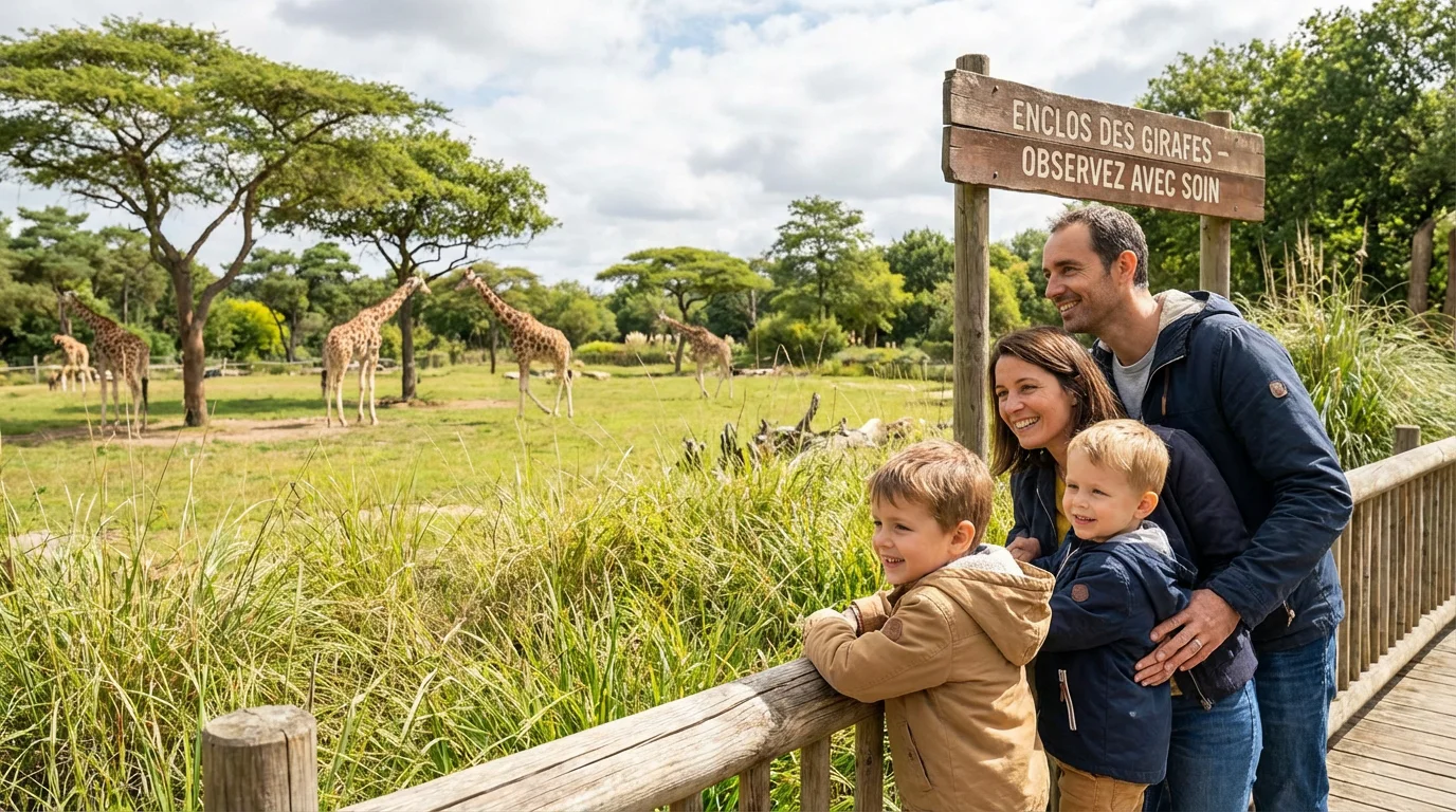 Famille avec deux enfants et deux adultes observant la faune dans un parc animalier