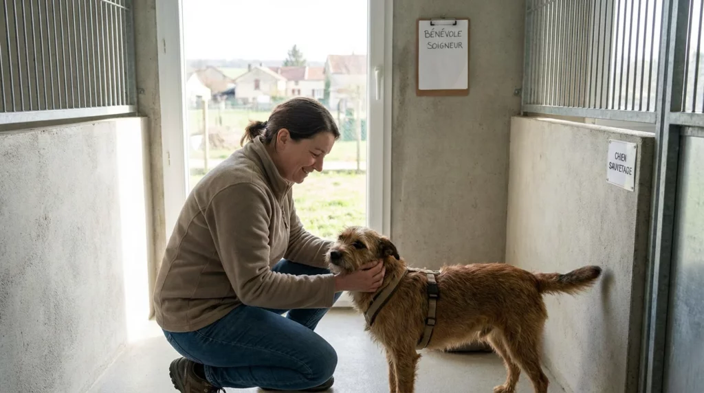 benevole dans un chenil avec un chian à adopter