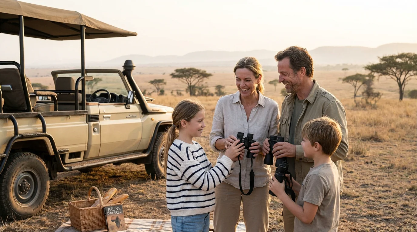 Famille en observation dans une réserve africaine pendant une mission d'écovolontariat